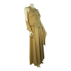 1990s Miss New York Gold Beaded Formal Gown Set Cutout Maxi L-XL thumbnail 4