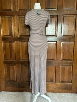 NWT Olivia Rae Maxi Dress Medium‎ Brown White Striped Side Slit Short Sleeve thumbnail 4