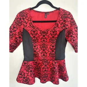 Ultraflirt Red Black Damask Peplum Top Women's Size M‎ Y2K Pinup Whimsigoth thumbnail 2