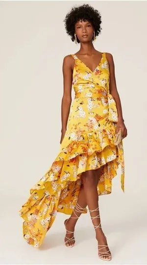 RTR Bronx and BancoNarciss Dress Sz Medium Yellow Floral asymmetrical ruffle thumbnail 1
