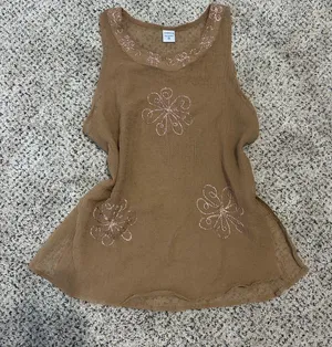 Elegant Tan Embroidered Tank Top Brown Size M thumbnail 1