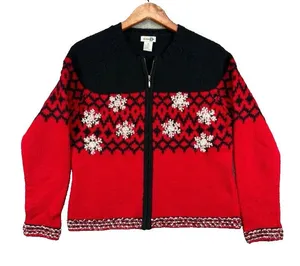 Womens Sweaters Cardigan Medium Wool‎ Blend Paul Harris Design Red Fair Isle Zip thumbnail 1