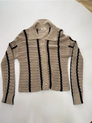Elan Beige Knit Cardigan with Black Accents thumbnail 2
