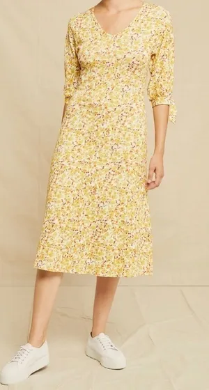 Wedding Guest Dress Size M Organic Cotton Amour Vert Yellow Floral Midi Cottage thumbnail 1