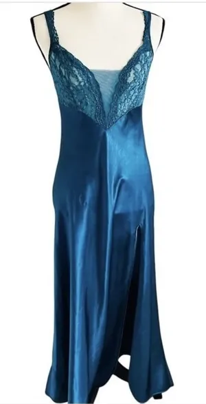 Victoria's Secret Gold Label Teal Satin Lace Nightgown M Lingerie Elegant Vintage thumbnail 1