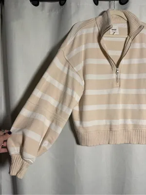 aerie Beige and White Striped Quarter-Zip Sweater thumbnail 7