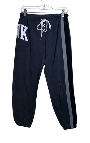 PINK Victoria’s Secret Lace-Up Jogger Sweatpants Dark Gray Logo Fleece thumbnail 1