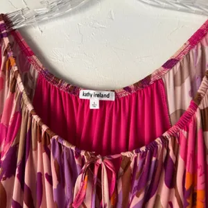 Kathy Ireland Floral Boho Midi Dress Pink Purple Tassel‎ Tie Waist Size L Resort thumbnail 4