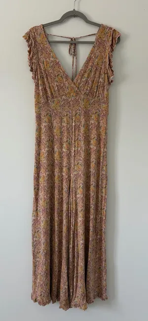 Anthropologie Matilda Pink Yellow Floral Paisley Wide Leg Ruffle Jumpsuit S thumbnail 1