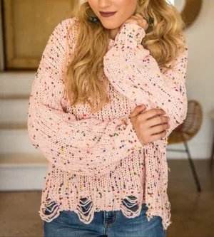 Wild Honey Pink Confetti Distressed Sweater Size: M thumbnail 1