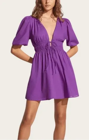 Faithfull the Brand Roma Deep V-Neck Mini Dress Purple thumbnail 1