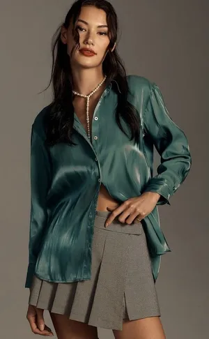 Anthropologie Blouse Women Large Teal Green Button Down Satin Finish Relaxed Top thumbnail 1
