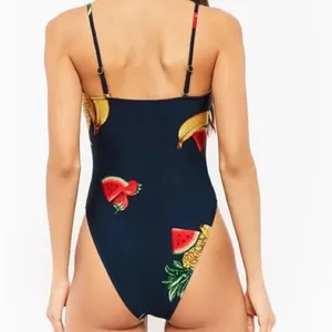 Forever 21 Fruit Print One Piece Swimsuit Large‎ NWT Navy Blue Watermelon Banana thumbnail 2