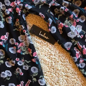 NWT Lulus Black Dress with Gray, pink & green florals 2 tier bell sleeves size S thumbnail 5