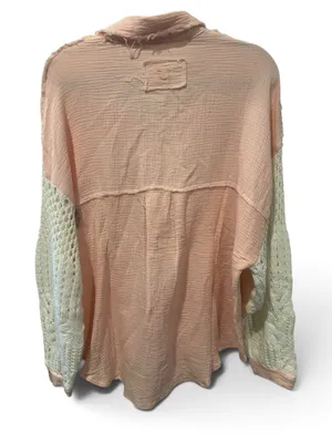 POL Pink Button-Down Gauze Shirt with White Crochet Sleeves thumbnail 3
