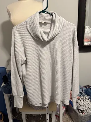 LOFT Light Gray Waffle Cowl Neck Sweater thumbnail 1