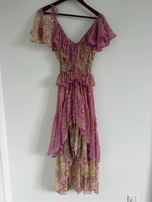 MISA Los Angeles Liv Cold Shoulder Floral Midi Dress Medium Pink Yellow Ruffle thumbnail 2