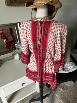 Angie cream, red floral, Boho V-neck, oversized festival tunic blouse M thumbnail 6