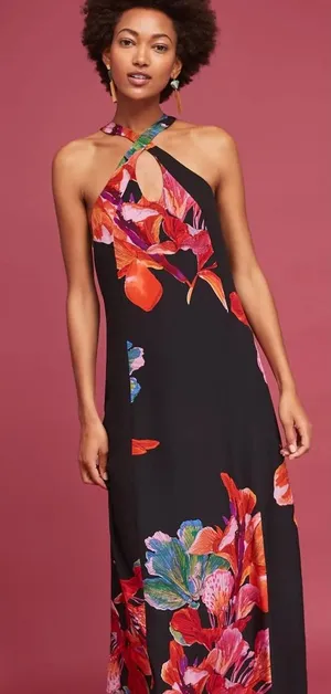 Maeve Anthropologie Cayman Silk Maxi Dress Womens Large Black Floral‎ Resort thumbnail 1