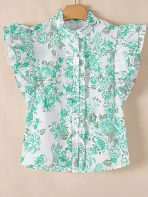 Floral Ruffle Sleeve Button-Up Blouse in Mint Green thumbnail 1