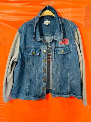 Denim Jacket with Grey Knit Sleeves and Flag Patch Blue Size XXL thumbnail 1
