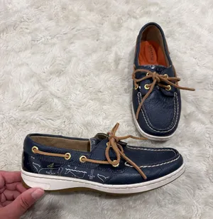Sperry Navy Leather Boat Shoes loaders with Brown Laces Woman’s Size 6 thumbnail 1