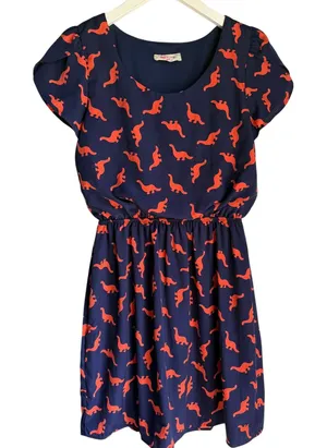 Peach Love California Dinosaur Print Dress Small Navy Orange Puff Sleeve Mini thumbnail 1