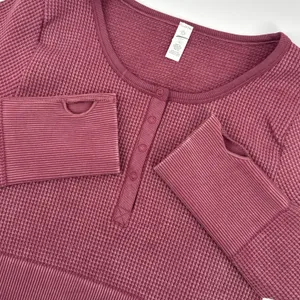 Aerie Main Squeeze Seamless‎ Waffle Crop Henley Large Long Sleeve Thumb Hole thumbnail 3