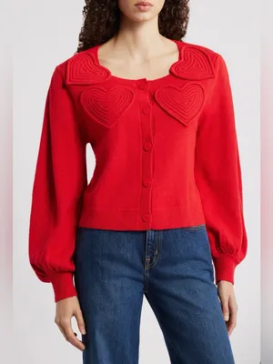 Farm Rio Wool & Cashmere Blend Red Heartful Knit Cardigan thumbnail 1