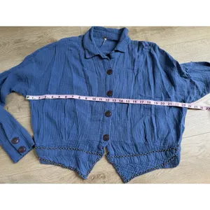 Free People Beaded Crinkle Gauze Top Blue Button Down Western Long Sleeve Size M thumbnail 6