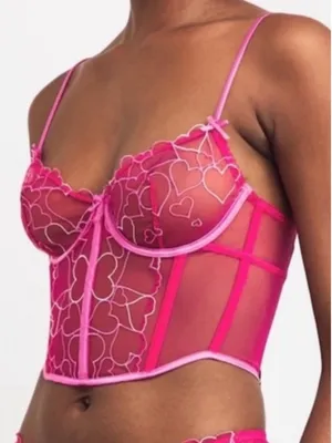 NWT SKIMS Embroidered Tulle Corset Top Pink Punch Hearts Size Large thumbnail 1