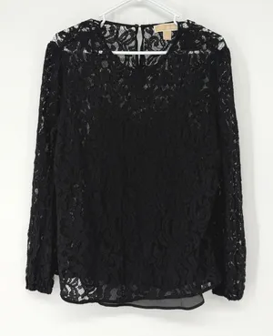 Michael Kors Black Lace‎ Sheer Blouse Lined Long Sleeve Romantic Goth Layered thumbnail 1