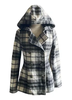 Aeropostale Beautiful black and white plaid hooded pea coat thumbnail 1
