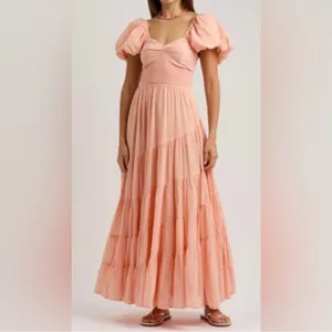NWOT FREE PEOPLE Sundrenched Smocked Puff Sleeve Maxi Dress color orange sz S thumbnail 3