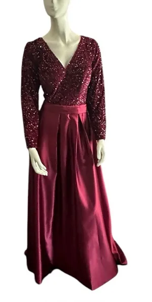 Flocked Velvet Sequin Bodice Pleated Satin Skirt Ball Gown Burgundy Size 16 NWOT thumbnail 1