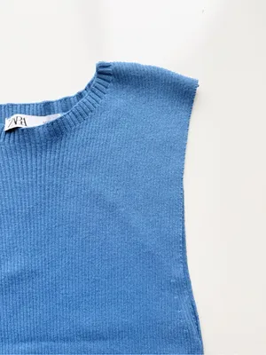 Zara Ruched Ribbed Knit Tank Blue size Medium thumbnail 3