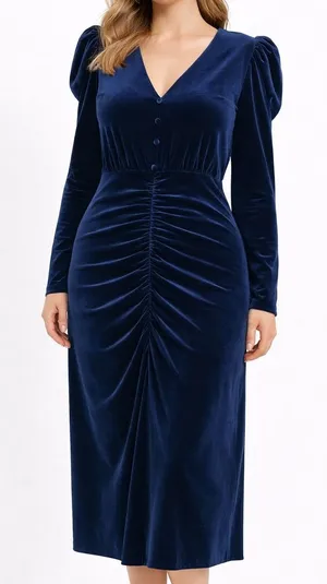 YUMI‎ KIM. New! Puff Sleeve Blue Velvet Midi Dress. thumbnail 1
