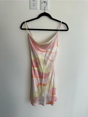 Olia Orange Pink Yellow Swirl Cowl Neck Satin Mini Dress Size XS thumbnail 2