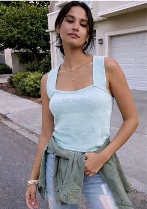 Anthropologie -1629 Daily Practice NWT Sky Blue Ribbed Square Neck Tank Top Sz M thumbnail 1
