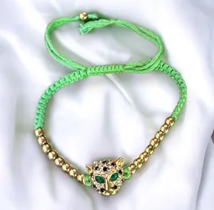 Jeweled Jaguar Macrame Bead Bolo Bracelet Green thumbnail 2