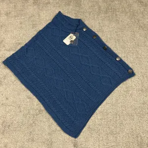Saol Ireland Poncho Womens Small Medium Merino Wool Cable Knit Sweater Blue New thumbnail 2