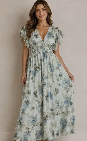 Baltic Born Lynlee Metallic Maxi Dress in Dusty blue Size 1XL Floral Gold thumbnail 1