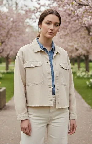 ZARA Cream Beige Cropped Frayed Hem Denim Cotton Jacket Utility Casual Boxy XL thumbnail 1