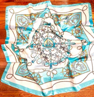 Vintage Square Sailing BOAT,WHEEL&Anchor 35/35 Oversized TEAL satin Silky SCARF thumbnail 1