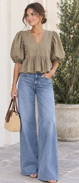 Hunter Bell Blouse Women Small Tan Puff Sleeve V-Neck Cotton 22HBCT5 thumbnail 1