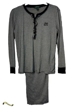 Lauren Ralph Lauren Womens Pajama Set Navy Blue White Striped Ruffle Henley M thumbnail 1