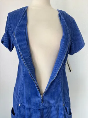 Vintage 80s Deadstock Blue Corduroy Short Sleeve Zip-Front Dress thumbnail 4