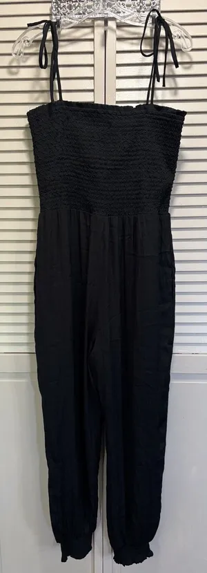 Naked‎ Zebra Black Jogger Style Smocked Body Jumpsuit Size L Adj Ties thumbnail 1