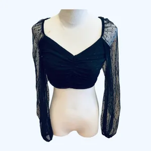 Blue Blush Black Mesh Top Crop Ruched Semi Sheer Polka Dots L thumbnail 2