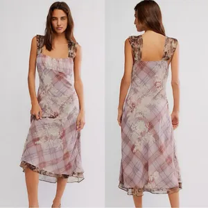 Free People Femme Grunge 90s Y2K Morning Dew Plaid Floral Midi Slip Dress Large thumbnail 3
